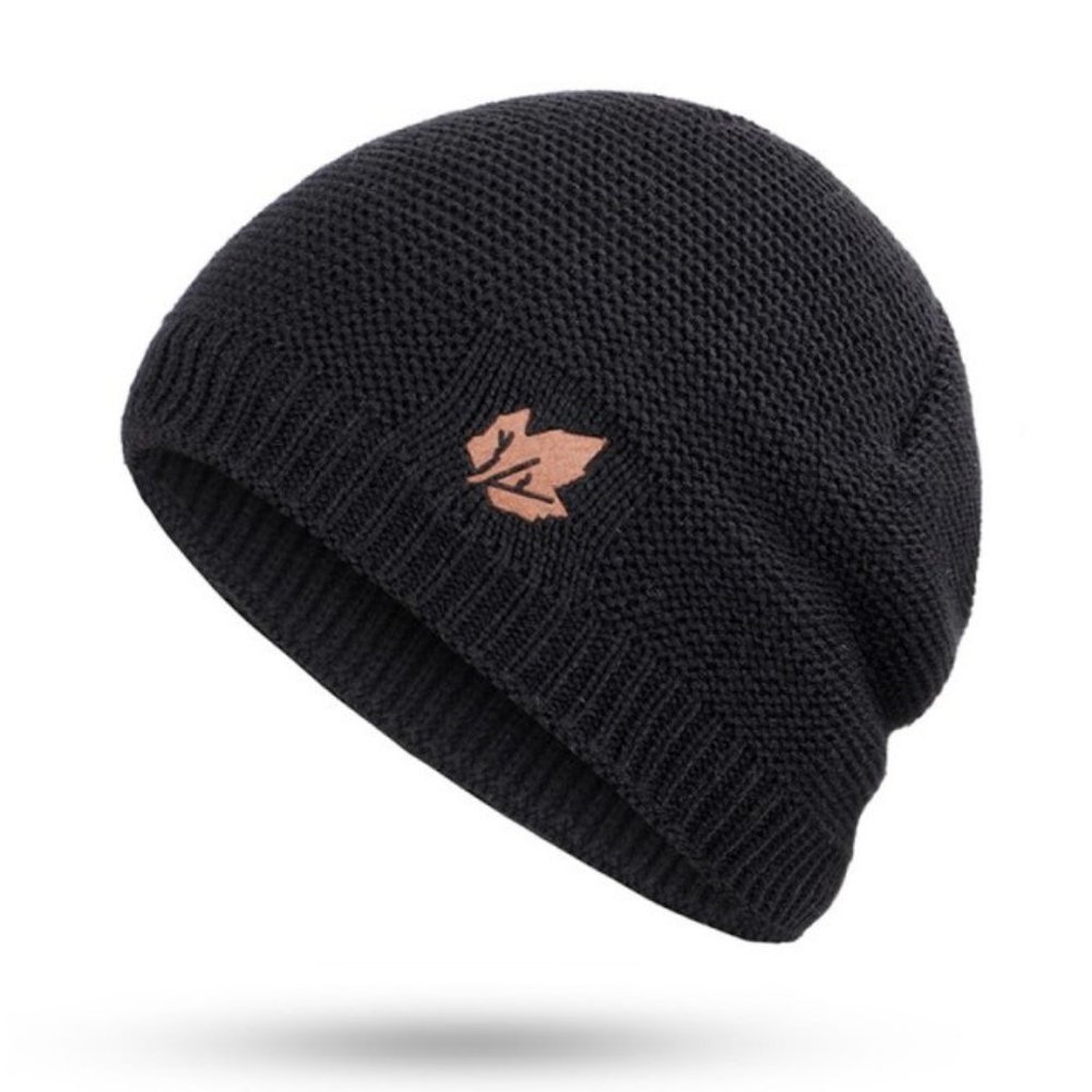 Black Leaf Embroidered Beanie